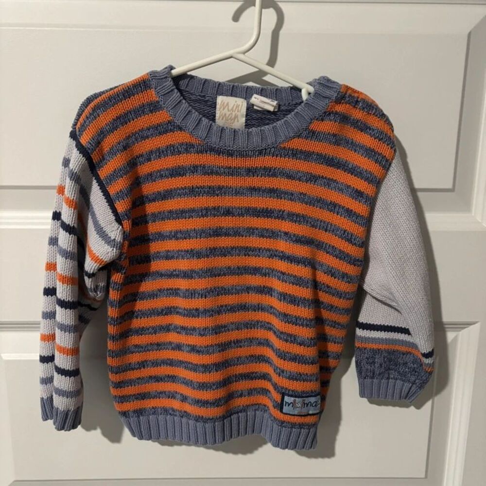 Mini Man France 3T Striped Cotton Knit Sweater Gray Orange Boys